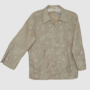 JH Collectibles Toupe Floral Embroidered 3/4 Sleeve Button Down Blouse Size L